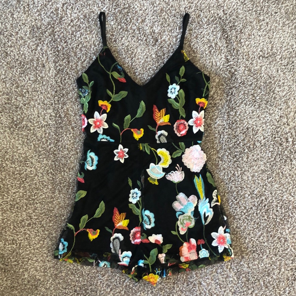 Black Floral Embroidered Romper